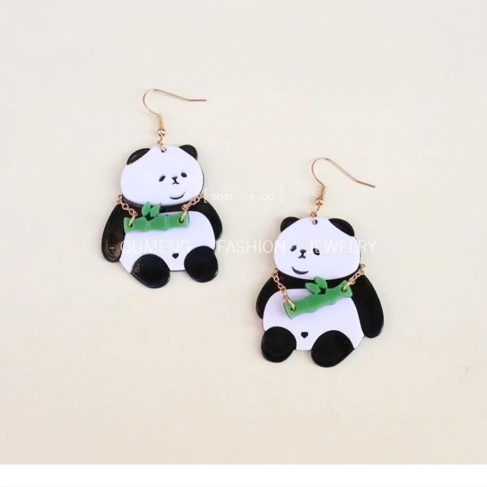 Panda Bear Earrings with Green Accent